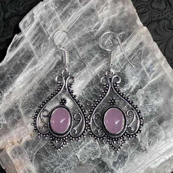 Ornate Pink Chalcedony and Heart Earrings Stone Crystal Jewelry - Picture 3 of 4